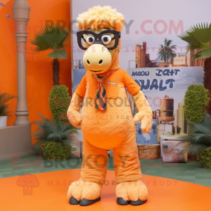 Orange Camel mascot costume character dressed with a Denim Shorts and Eyeglasses