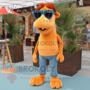 Orange Camel mascot costume character dressed with a Denim Shorts and Eyeglasses