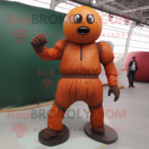 Rust Human Cannon Ball mascot costume character dressed with a Bodysuit and Foot pads