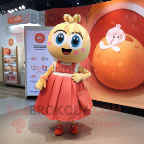 Peach Shakshuka mascot costume character dressed with a Ball Gown and Tote bags