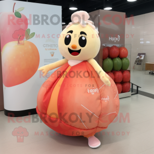 Peach Shakshuka mascot costume character dressed with a Ball Gown and Tote bags