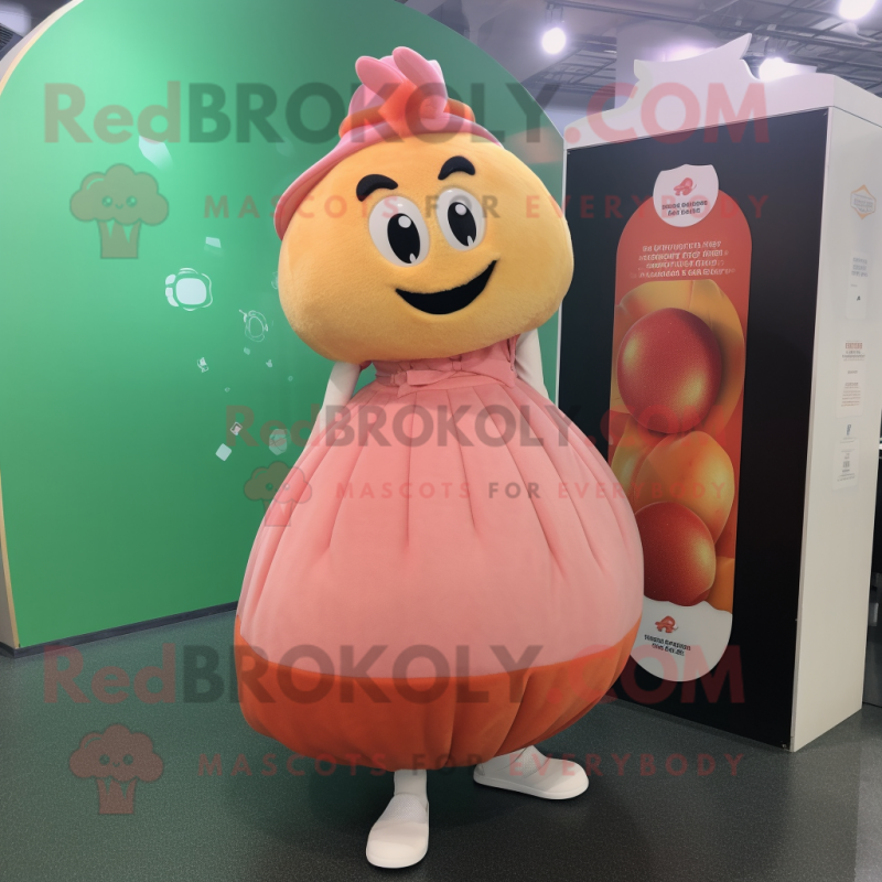 Peach Shakshuka mascot costume character dressed with a Ball Gown and Tote bags