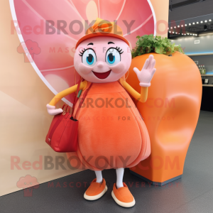 Peach Shakshuka mascot costume character dressed with a Ball Gown and Tote bags