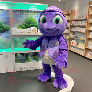 Lavender Turtle mascot costume character dressed with a Hoodie and Coin purses