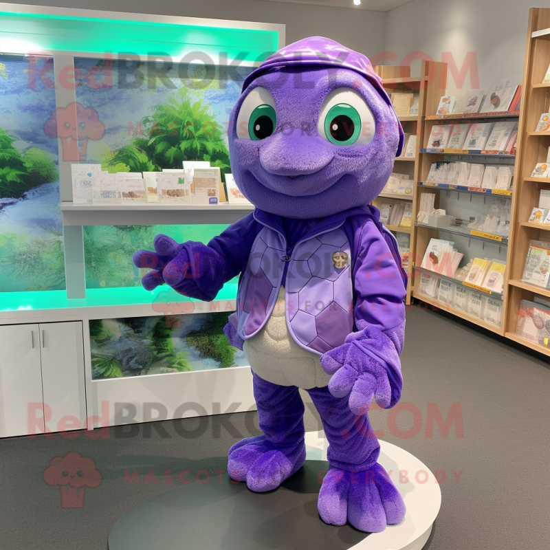 Lavender Turtle mascot costume character dressed with a Hoodie and Coin purses Lavender Turtle mascot costume character dressed with a Hoodie and Coin purses