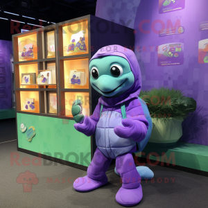 Lavender Turtle mascot costume character dressed with a Hoodie and Coin purses