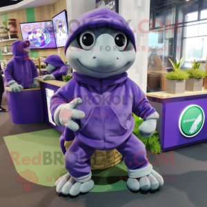 Lavender Turtle mascot costume character dressed with a Hoodie and Coin purses