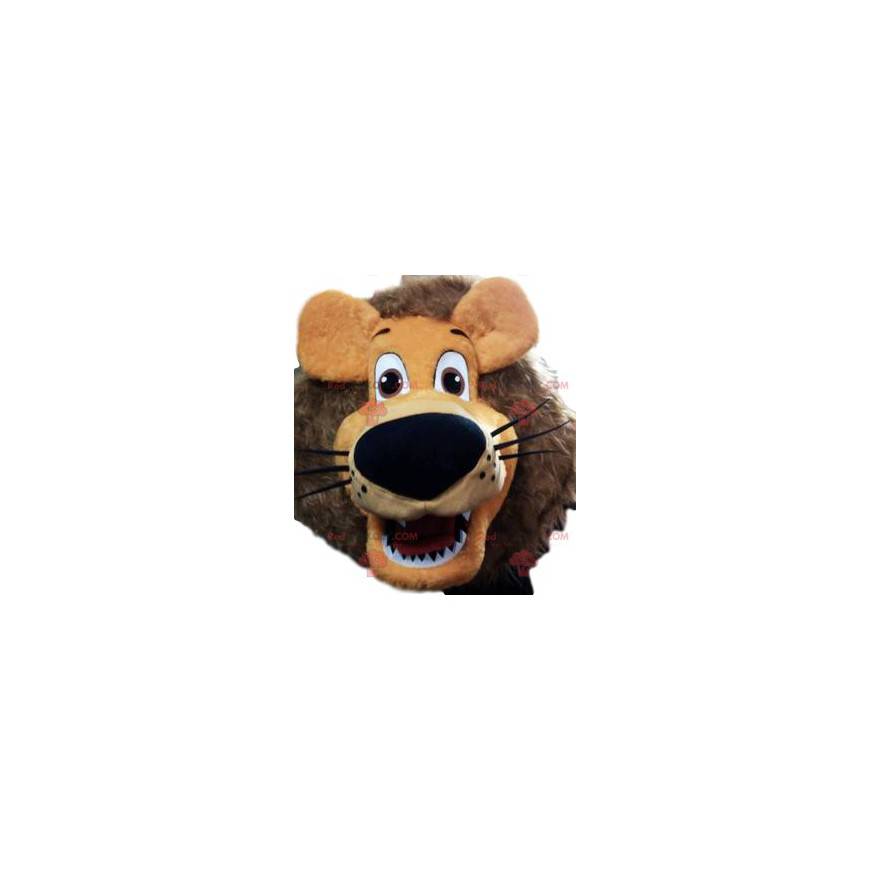 Mascota león super divertido con su melena ardiente -