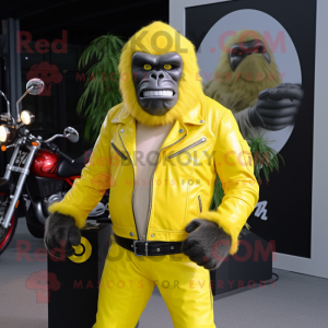 Lemon Yellow Gorilla mascot costume character dressed with a Biker Jacket and Keychains