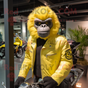 Lemon Yellow Gorilla mascot costume character dressed with a Biker Jacket and Keychains