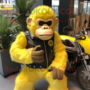 Lemon Yellow Gorilla mascot costume character dressed with a Biker Jacket and Keychains