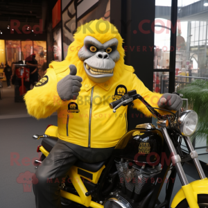 Lemon Yellow Gorilla mascot costume character dressed with a Biker Jacket and Keychains