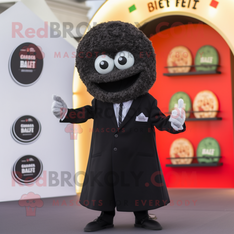 Black Falafel mascot costume character dressed with a Blazer and Coin purses Black Falafel mascot costume character dressed with a Blazer and Coin purses