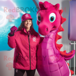 Magenta Sea Horse mascot costume character dressed with a Windbreaker and Caps