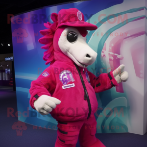 Magenta Sea Horse mascot costume character dressed with a Windbreaker and Caps