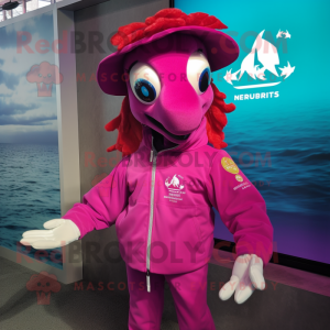 Magenta Sea Horse mascot costume character dressed with a Windbreaker and Caps