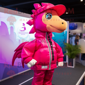 Magenta Sea Horse mascot costume character dressed with a Windbreaker and Caps