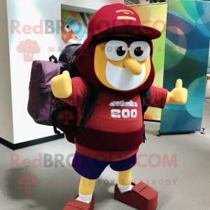 Maroon Rainbow mascot costume character dressed with a Cargo Shorts and Messenger bags