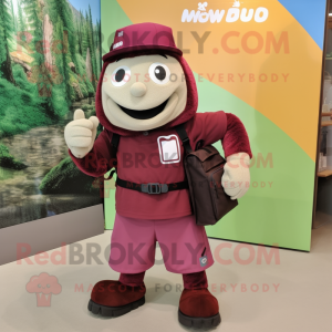 Maroon Rainbow mascot costume character dressed with a Cargo Shorts and Messenger bags