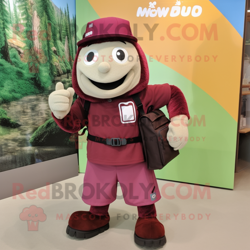 Maroon Rainbow mascot costume character dressed with a Cargo Shorts and Messenger bags