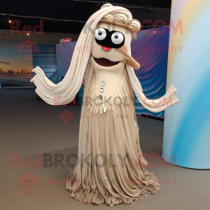 Tan Ceviche mascot costume character dressed with a Evening Gown and Shoe laces
