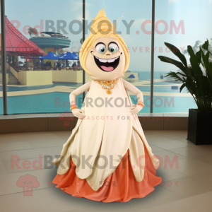 Tan Ceviche mascot costume character dressed with a Evening Gown and Shoe laces