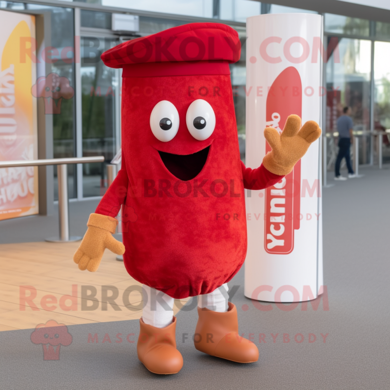 Red Currywurst mascot costume character dressed with a Chinos and Hats