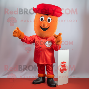 Red Currywurst mascot costume character dressed with a Chinos and Hats