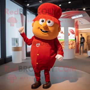 Red Currywurst mascot costume character dressed with a Chinos and Hats