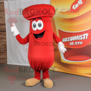 Red Currywurst mascot costume character dressed with a Chinos and Hats