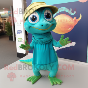 Teal Geckos mascot costume character dressed with a Maxi Skirt and Beanies