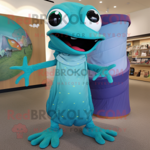 Teal Geckos mascot costume character dressed with a Maxi Skirt and Beanies