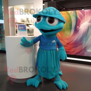 Teal Geckos mascot costume character dressed with a Maxi Skirt and Beanies