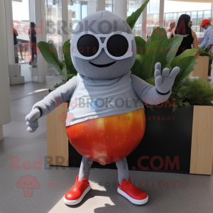 Gray Tomato mascot costume character dressed with a Turtleneck and Sunglasses