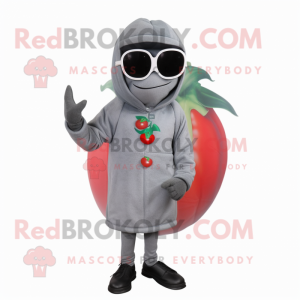 Gray Tomato mascot costume character dressed with a Turtleneck and Sunglasses