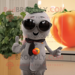 Gray Tomato mascot costume character dressed with a Turtleneck and Sunglasses