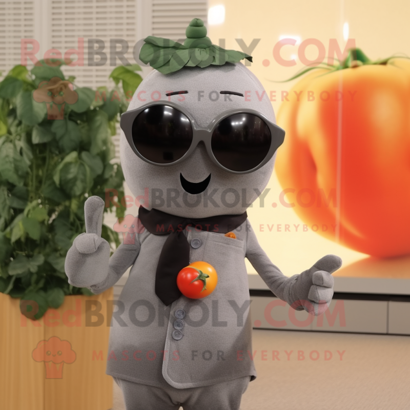 Gray Tomato mascot costume character dressed with a Turtleneck and Sunglasses Gray Tomato mascot costume character dressed with a Turtleneck and Sunglasses
