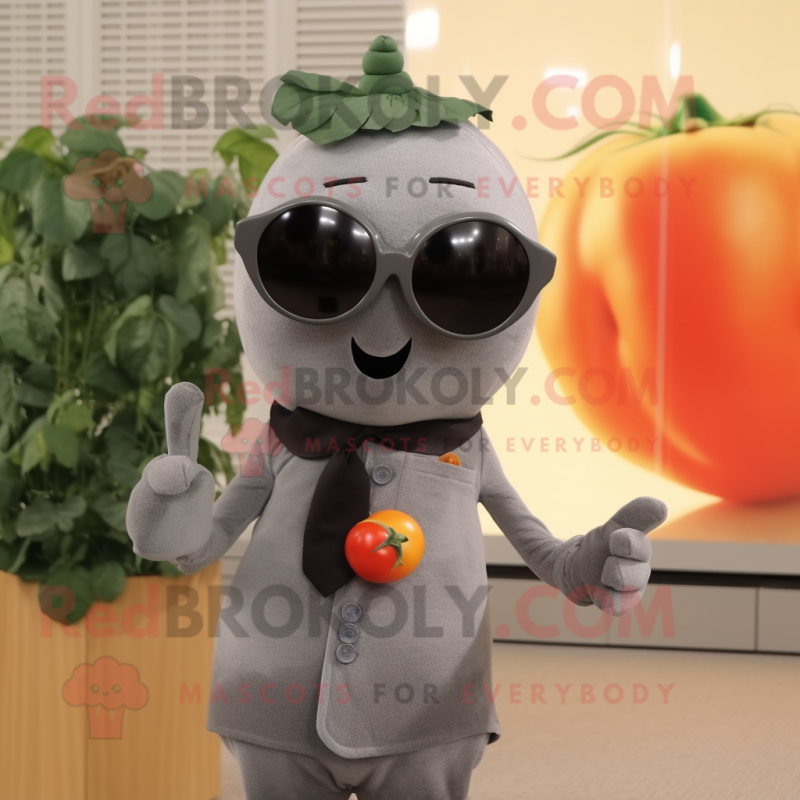 Gray Tomato mascot costume character dressed with a Turtleneck and Sunglasses