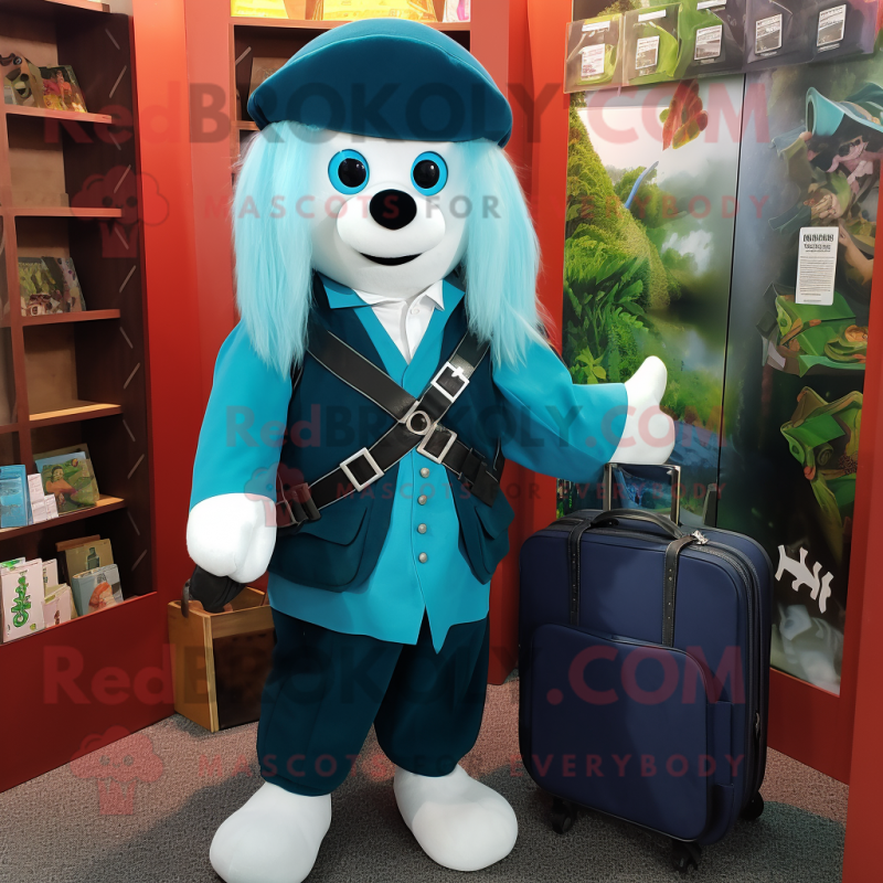 Teal Celtic Cross mascot costume character dressed with a Culottes and Briefcases Teal Celtic Cross mascot costume character dressed with a Culottes and Briefcases