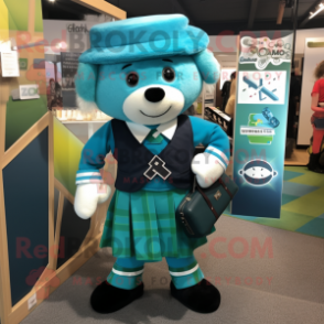 Teal Celtic Cross mascot costume character dressed with a Culottes and Briefcases