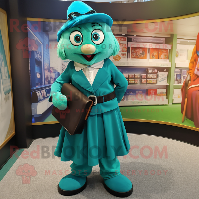 Teal Celtic Cross mascot costume character dressed with a Culottes and Briefcases Teal Celtic Cross mascot costume character dressed with a Culottes and Briefcases