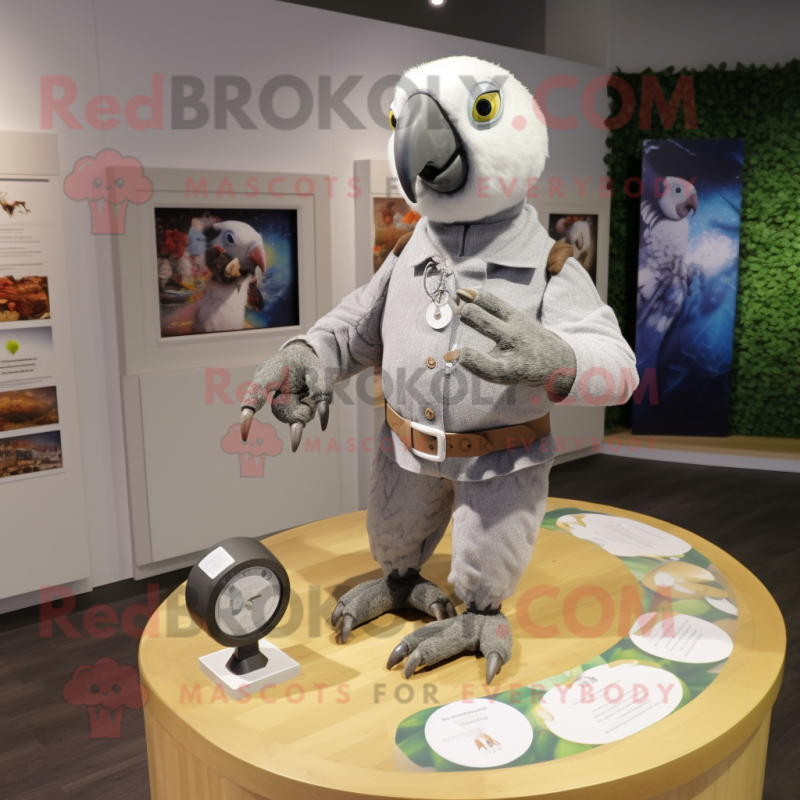 Gray Parrot mascot costume character dressed with a Culottes and Bracelet watches