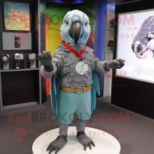 Gray Parrot mascot costume character dressed with a Culottes and Bracelet watches