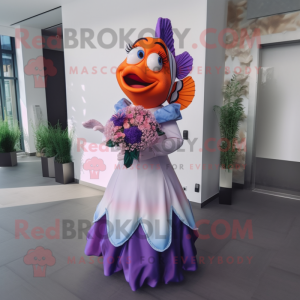 Purple Clown Fish mascot costume character dressed with a Wedding Dress and Gloves