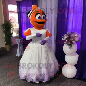 Purple Clown Fish mascot costume character dressed with a Wedding Dress and Gloves