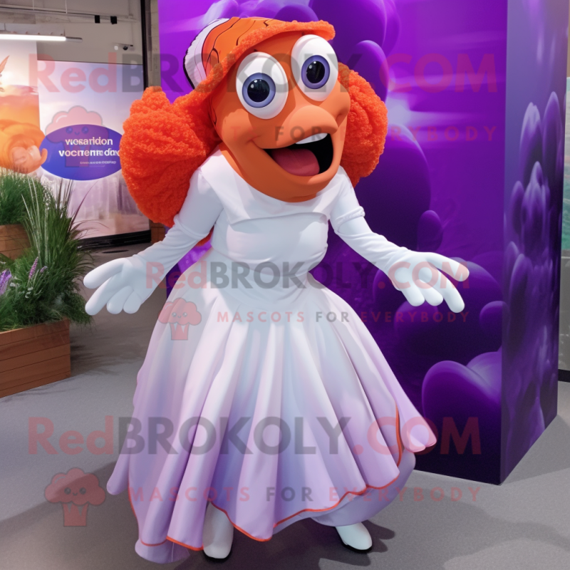 Purple Clown Fish mascot costume character dressed with a Wedding Dress and Gloves