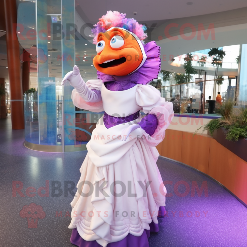 Purple Clown Fish mascot costume character dressed with a Wedding Dress and Gloves Purple Clown Fish mascot costume character dressed with a Wedding Dress and Gloves