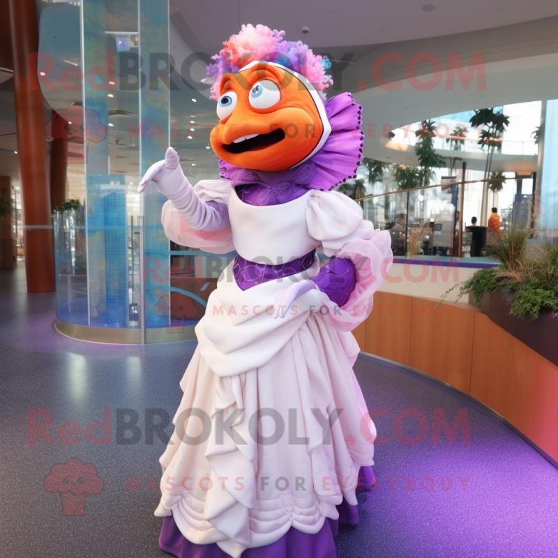 Purple Clown Fish mascot costume character dressed with a Wedding Dress and Gloves