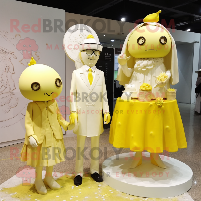 Lemon Yellow Wedding Cake mascot costume character dressed with a Raincoat and Hairpins