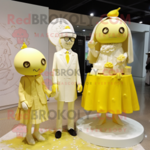 Lemon Yellow Wedding Cake mascot costume character dressed with a Raincoat and Hairpins